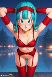 1girls ai_generated aqua_hair armpits arms_up artist_name blue_eyes blue_hair blush bottomless bow bra bra_(dragon_ball) bra_briefs breasts choker closed_mouth collarbone colored_pubic_hair dragon_ball dragon_ball_gt earrings female_pubic_hair garter_belt gloves hairband hi_res hoop_earrings jewelry leaning_forward long_hair looking_at_viewer medium_breasts mole mole_on_breast navel night night_sky no_panties outdoors patreon_logo patreon_username pubic_hair red_bra red_gloves red_hairband red_thighhighs reflection rule34lab sky smile solo standing star_\(sky\) starry_sky thighhighs tree underwear v-shaped_eyebrows