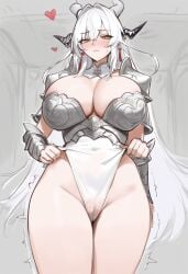 1girls 2d ai_generated armor big_breasts blush blush_lines breasts closed_mouth dragon_girl dragon_horns embarrassed female female_focus female_only half-dressed half_naked heart heart horn horned_humanoid horns indoors long_hair looking_at_viewer monster_girl mr_none pussy trembling vagina wet_pussy white_hair yellow_eyes
