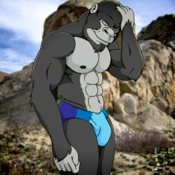 2018 5_fingers abs anthro ape biped black_body black_fur blue_clothing blue_speedo blue_swimwear bulge closed_eyes closed_smile clothed clothing digital_media_(artwork) fabfelipe fingers fur furry gorilla grey_body hand_on_own_head haplorhine hi_res male mammal mouth_closed muscular muscular_anthro muscular_male navel portrait primate smile solo speedo speedo_only standing swimwear three-quarter_portrait topless topless_anthro topless_male