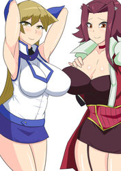 2girls akiza_izinski alexis_rhodes big_breasts blonde_hair brown_hair clothed_female dd_(artist) female female_only konami long_hair multiple_girls obelisk_blue_uniform red_hair school_uniform skirt smile thick_thighs tied_hair yu-gi-oh! yu-gi-oh!_5d's yu-gi-oh!_gx