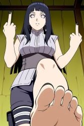 , ai_generated black_nails black_toenails disgusted earrings feet feet_fetish femdom flipping_off from_below hinata_hyuuga middle_finger naruto naruto_(series) naruto_shippuden pov purple_hair