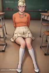 1girls ai_generated archer_(series) arms_behind_back bead_necklace blonde_hair blue_eyes breasts chair chalkboard classroom desk female full_body glasses hair_bun hi_res indoors jewelry kneehighs lips looking_at_viewer necklace pam_poovey pearl_necklace progenarts school_desk shirt sitting skirt socks solo teacher white_footwear white_socks