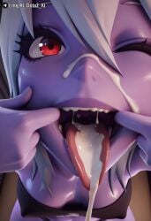 ai_dota_ai ai_generated artist_name breasts close-up colored_skin covered_nipples cum cum_in_mouth cum_on_face cum_on_tongue dota_2 drow_ranger facial female finger_in_own_mouth hair_between_eyes looking_at_viewer mouth_pull one_eye_closed open_mouth oral_invitation purple_lips purple_skin red_eyes saliva small_breasts solo teeth tongue tongue_out traxex uvula vicineko_style white_hair