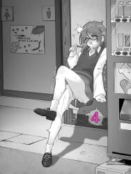 ankle_socks anklehighs bag blush commentary_request female foot_up full_body glasses greyscale highres implied_vibrator kakuremino7928 large_variant_set loafers long_sleeves loose_socks medium_hair miniskirt monochrome open_mouth original outdoors public_restroom pussy_juice school_uniform semi-rimless_eyewear shirt shoes shoulder_bag skirt socks socks_only solo speech_bubble standing standing_on_one_leg sweater_vest trembling under-rim_eyewear variant_set white_socks