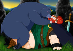 2012 alpha_male anthro bear blush bodily_fluids brave cape clothing crown cum cum_on_stomach disney duo female genital_fluids human humanoid_hands interspecies kemono king_fergus kissing male mammal norataro outdoors overweight overweight_male pixar princess queen_elinor royalty ursid zoophilia