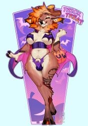 2025 5_fingers absurd_res animal_genitalia anthro areola balls breasts brown_body brown_fur clenched_teeth clothed clothed_anthro clothed_gynomorph clothed_intersex clothing cloven_hooves cocoline_(artist) countershade_torso countershading deer dialogue digital_media_(artwork) english_text fingers front_view fur futanari genitals gynomorph hair hi_res hooves intersex looking_at_viewer mammal navel orange_eyes orange_hair sheath smile solo speech_bubble standing teeth text