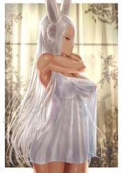 animal_ears arm_across_neck armpit_crease artist_name bare_arms bare_shoulders big_breasts boku_no_hero_academia border breasts bunny_ears bunny_girl cleavage commentary covered_abs covered_navel covered_nipples covered_pussy curtains dark-skinned_female dark_skin dress female female_pubic_hair highres hips kein_hasegawa large_breasts long_eyelashes long_hair looking_ahead mirko miruko muscular muscular_female my_hero_academia naked_dress parted_bangs parted_lips pubic_hair rabbit_ears rabbit_girl red_eyes rumi_usagiyama see-through_clothes see-through_dress see-through_silhouette solo solo_female sweat thighs uncensored very_long_hair white_border white_dress white_hair window
