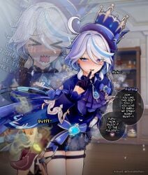 1boy1girl actuale aether_(genshin_impact) ass_grab ass_sniffing butt_grab dialogue enjoying_farts fart fart_cloud fart_fetish fart_sniffing farting farting_in_face farting_on_another farting_on_face farts female finger_on_lip furina_(genshin_impact) genshin_impact hat hoyoverse koikatsu looking_at_partner looking_back looking_pleasured male mihoyo smug smug_face sniffing sniffing_farts straight vision_(genshin_impact) white_hair