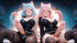 2futas ai_art ai_generated animal_ears blue_hair bulge cat_ears cat_girl cat_tail catgirl cum dickgirl futanari futanari futanari_masturbation koneko konekofuta large_breasts large_penis pantyhose pencil_dress pink_hair tentacle thighhighs two_tone_hair two_tone_hair_(blueandpink)