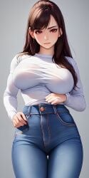 1girls ai_generated artist_request black_hair blue_pants breasts brown cowboy_shot grey_background jeans large_breasts long_hair looking_at_viewer red_eyes solo sunlight sweater thick_thighs white_sweater wide_hips