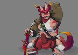 absurd_res anthro armor balls claws clothing cthugha_(tokyo_afterschool_summoners) genitals hand_behind_head hi_res holding_object holding_sword holding_weapon horn humanoid_genitalia humanoid_penis jacket male male_only melee_weapon ms05591410 nipples open_mouth penis red_balls red_penis scalie sharp_teeth shirt solo sword teeth tokyo_afterschool_summoners tongue tongue_out topwear unconvincing_armor uncut video_games weapon white_clothing white_shirt white_topwear