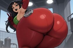 ai_generated arm_behind_head arm_up armpits ass ass_focus black_hair black_lips bodysuit breasts elbow_gloves female from_behind gloves green_eyes huge_ass kim_possible large_breasts lipstick long_hair looking_at_viewer looking_back makeup pants red_gloves red_pants shego smile solo thick_thighs thighs v