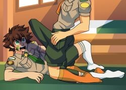 bandaid_on_cheek brown_hair bulge bulge_through_clothing camp_buddy canon_x_oc cock_shadow erection fully_clothed gay green_eyes huge_cock keitaro_nagame kneeling_over_partner lying_on_back male male_only oc over-kneehighs shorts socks yaoi yuunsfw
