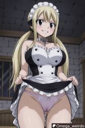 ai_generated big_breasts blonde_female blonde_hair blush breasts brown_eyes collar fairy_tail female huge_breasts indoor_nudity indoors long_hair lucy_heartfilia maid maid_headdress maid_outfit maid_uniform omega_weirdo panties patreon pussy_juice showing_panties skirt_lift smile smiling solo solo_female solo_focus twintails