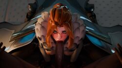 1boy 3d 3d_(artwork) big_penis blizzard_entertainment blowjob dark-skinned_male eye_contact fellatio female freja_(overwatch) green_eyes just_the_tip kneeling large_penis light-skinned_female looking_at_viewer ludicrousciouslurker male male_pov oral orange_hair overwatch overwatch_2 pov sucking_penis