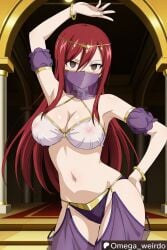 1girl1boy ai_generated arabian_clothes belly_dance belly_dancer belly_dancer_outfit belly_dancing big_breasts bracelet brown_hair dance dancer dancer_outfit dancing emotionless empty_eyes erza_scarlet fairy_tail female harem_outfit hypnosis hypnosis hypnotic_eyes indoors long_hair midriff mind_broken mind_control mouth_veil navel no_pupils omega_weirdo patreon puppet red_hair submissive_female veil