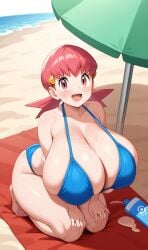 ai_generated beach bikini breasts_bigger_than_head huge_breasts pink_eyes pink_hair pokemon slim_waist thick_thighs whitney_(pokemon)