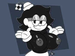 big_breasts big_thighs black_body black_eyes black_hair bra breasts cartoon cartoony dot_eyes female gray_areola ibispaintx looking_at_viewer marla marlatoon marlon marlon_(character) marlontoon marlonxd rubberhose skirt sweatdrop sweating vintage white_face