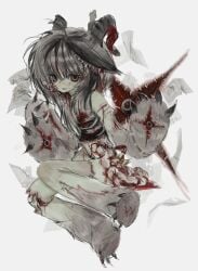 1boy absurdres animal_hands black_hair bleeding blood claws exposed_bone extra_arms extra_eyes grey_background grey_hair guro highres horns intestines long_hair looking_at_viewer male male_focus monster_girl multicolored_hair original paper red_eyes ribs senmaze simple_background solo stitches streaked_hair zombie