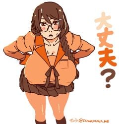 alternate_breast_size bakemonogatari bent_over big_breasts blush breasts female glasses hanekawa_tsubasa hanging_breasts huge_breasts monogatari_(series) nipples_visible_through_clothing sweat sweatdrop sweating