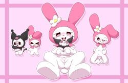 2025 anthro blush blush_lines bodily_fluids buckteeth colored demon digital_drawing_(artwork) digital_media_(artwork) drop_shadow duo feet female female/female flower genitals hand_behind_head hi_res holding_object holding_plushie kneeling kuromi lagomorph leporid looking_at_viewer lucky_luxio lying mammal my_melody navel on_back onegai_my_melody open_mouth pink_background plant plushie presenting presenting_pussy pussy rabbit sanrio shaded simple_background skull_symbol soles spread_legs spreading sweat sweatdrop tail teeth tongue tongue_out