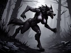 ai_generated anthro black_fur breasts canid canine canis fantasy female female_only fog forest night nude open_mouth red_eyes tail teron_games werewolf wolf