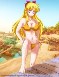 1girls alluring alternate_breast_size artist_name barefoot beach bikini bishoujo_senshi_sailor_moon blonde_hair blue_eyes breasts cleavage feet female hair_ribbon hands_on_own_hips highres large_breasts legs long_hair looking_at_viewer minako_aino navel neldorwen ocean parted_lips ribbon sideboob smile solo swimsuit teeth thighs water yellow_bikini