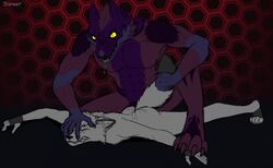 abs anal anthro bodily_fluids canid canine canis claws clenched_teeth cum cum_inside digital_media_(artwork) drooling duo evil_grin fox fur genital_fluids knot looking_at_another lying male male/male mammal monster muscular muscular_male on_front paws penetration pinned purple_body purple_fur reptile saliva scalie simple_background sinser size_difference sketch smile snarling tail_grab teeth white_body white_fur wolf yellow_eyes