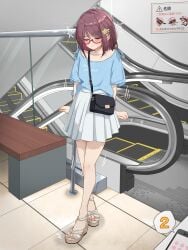 arms_at_sides artist_name bag bench blue_shirt blush cellphone clenched_hands closed_eyes closed_mouth clothes_writing collarbone commentary_request crossed_legs escalator female flat_chest full_body glasses handbag highres indoors kakuremino7928 large_variant_set legs miniskirt nail_polish original phone pink_nails pleated_skirt public_indecency public_vibrator purple_hair red-framed_eyewear remote_control_vibrator revision sandals semi-rimless_eyewear sex_toy shirt shirt_tucked_in short_hair short_sleeves shoulder_bag sidelocks sign signature skirt smartphone solo speech_bubble stairs standing star_(symbol) sweat tile_floor tiles toenail_polish toenails translated trembling twitter_username u_u variant_set vibrator vibrator_under_clothes watson_cross wavy_mouth white_sandals white_skirt