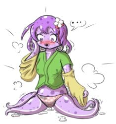 2019 animal_humanoid blush cephalopod cephalopod_humanoid clothing female hieda_no_akyuu humanoid lewd_pikmin looking_down marine marine_humanoid mollusk mollusk_humanoid octopus_humanoid open_mouth shirt simple_background solo surprise tentacle topwear touhou transformation underwear video_games white_background