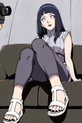 ai_generated black_lipstick, black_nails, black_toenails, earrings, feet, feet_fetish, flipping_off, hinata_hyuuga, middle_finger, naruto, naruto_(series), naruto_shippuden, purple_hair, sandals,