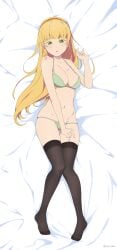 ass_visible_through_thighs bare_arms bare_belly bare_shoulders bed_sheet belly_button big_breasts bikini black_thighhighs blonde_hair blush breasts cameltoe cleavage collarbone coro_fae dakimakura dakimakura_design feet green_bikini green_eyes groin hairband heanna_sumire knees_together_feet_apart long_hair love_live! love_live!_superstar!! lying parted_lips thighs toes