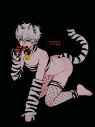 all_fours alternate_costume alternate_version_available arm_warmers ass_up bandeau barefoot bell_collar black_background blood blood_on_face bubble_butt collar fangs female femboy fishnets gintama gintoki_sakata kemonomimi looking_at_viewer male male_only nikurin_ghg open_mouth pale-skinned_female pale_skin red_eyes solo tiger_boy tiger_ears tiger_print tiger_tail white_hair