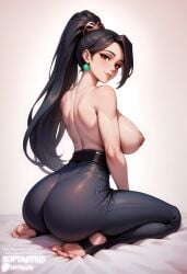 1girls ai_generated areola big_breasts black_hair breasts brown_eyes feet female female_focus huge_ass looking_at_viewer ponytail sage_(valorant) softastro soles squatting thick_thighs tight_clothing valorant wide_hips
