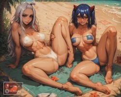 2girls ai_generated aisinful ass ass big_breasts bikini blue_hair breasts eyepatch_bikini fairy_tail female female_only hi_res huge_breasts large_breasts mirajane_strauss thick_thighs thighs wendy_marvell white_hair wide_hips yuri yuri