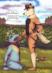 absurd_res arcanine bodily_fluids body_writing bondage bondage bound clothing crying dialogue dominant dominant_male duct_tape forced generation_1_pokemon generation_2_pokemon hi_res jockstrap lukabun male nintendo outside pokemon pokemon_(species) slightly_chubby spit_on_face spitting submissive tape tears tododile totodile underwear