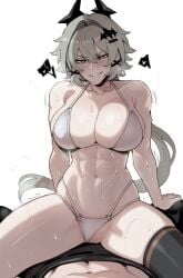 1boy 1girls abs accessory athletic athletic_female big_breasts bra caesar_king caesar_king_(zenless_zone_zero) cowgirl_position female fit_female green_hair grey_hair light-skinned_female male masoq095 muscular muscular_arms muscular_female navel panties_aside riding sex slim_waist sweat sweatdrop sweaty tagme thick_thighs thigh_highs tomboy toned toned_female white_underwear wide_hips wise_(zenless_zone_zero) yellow_eyes zenless_zone_zero
