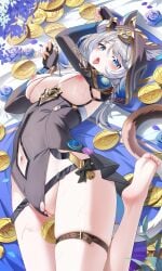 :p absurdres animal_ear_fluff animal_ears arms_up artist_name barefoot belt black_leotard blue_eyes blush breasts cat_ears censored chinese_commentary cipher_(honkai:_star_rail) closed_mouth clothing_cutout coin commentary_request feet female fingernails flower foot_out_of_frame grey_hair highleg highleg_leotard highres holding holding_coin honkai:_star_rail honkai_(series) jndfh large_breasts leotard long_hair long_sleeves looking_at_viewer lying mosaic_censoring nail_polish navel navel_cutout nipples no_shoes on_back paid_reward_available paw_pose pixiv_logo purple_flower pussy soles solo thigh_belt thigh_strap thighs toes tongue tongue_out torn_clothes torn_leotard variant_set very_long_hair yellow_nails