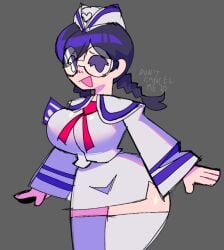 atari_hitonari black_hair female glasses hat huge_ass large_breasts pencil_skirt rottingsoup_(artist) short_skirt thick_thighs thighhighs transformers transformers_kiss_players twintails white_clothing