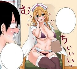2.5_jigen_no_ririsa abe_marina angel_wings bare_arms bare_belly belly_button blonde_hair blush bra breasts brown_thighhighs chubby_female cleavage cosplay female garter_belt garter_straps green_eyes hashimoto_yuu huge_breasts indoors long_hair manga nurse_cap nurse_uniform official_art okumura_masamune open_clothes open_mouth panties purple_bra purple_panties short_sleeves sideboob sitting smile sweatdrop thick_thighs thighhighs thighs twin_braids underboob underwear