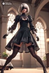 1girls ai_generated artist_name ass_visible_through_thighs black_blindfold black_dress black_footwear black_gloves black_hairband black_thighhighs blindfold blurry blurry_background breasts cleavage cleavage_cutout clothing_cutout covered_eyes depth_of_field dress facing_viewer feather-trimmed_sleeves female full_body gloves hairband hi_res high_heels indoors juliet_sleeves legs_apart leotard lips long_sleeves medium_breasts mole mole_under_mouth nier:_automata nier_(series) nier_replicant plant puffy_sleeves r34arts short_hair solo standing thighhighs turtleneck vambraces white_hair yorha_2b