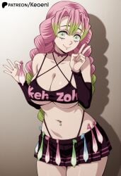 1girls accurate_art_style ai_generated anime ass black_thong black_topwear blush breasts chocker cleavage condom condom_belt condom_in_hand condom_wrapper demon_slayer female green_eyes green_hair gyaru happy hi_res holding_condom huge_breasts indoors kanroji_mitsuri keoenl kimetsu_no_yaiba large_breasts miniskirt mole multicolored_hair navel navel_piercing patreon patreonpink_hair peace_sign prostitute prostitution skirt smile thighs thong thong_straps topwear two_tone_hair