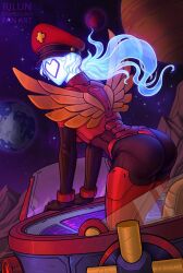 alien alien_girl ass blue_hair faceless_female female glowing_hair hat not_porn novakid red_hat rilun_(artist) solo space starbound sticking_ass_out tagme translucent_hair uniform wings