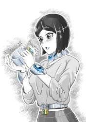 1girls chastity_belt chastity_device collar female female_chastity female_only femsub fully_clothed holding_object metal_collar metal_cuffs open_mouth partially_colored plasma-dragon wrist_cuffs