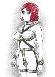 1girls ashley_(plasma-dragon) blue_eyes chastity_belt chastity_bra chastity_device collar cuff_(restraint) female female_chastity female_only lock metal_bra metal_collar metal_cuffs partially_colored plasma-dragon red_hair wrist_cuffs