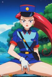 1girls ai_generated artist_name belt blue_eyes blue_headwear breasts cloud day earrings eyelashes gloves hat hi_res jessie_(pokemon) jewelry lipstick long_hair looking_at_viewer makeup masturbation nintendo no_panties outdoors pokemon pokemon_rgby police police_uniform policewoman pussy red_hair red_lips rule34lab shirt short_sleeves sitting skirt sky solo spread_legs spread_pussy team_rocket tree uniform watermark white_gloves