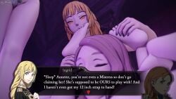 3d 3girls alternate_eye_color bangs bare_legs barefoot black_nails blonde_hair blue_nails blunt_bangs blurry_foreground breasts closed_eyes completely_nude corruption depth_of_field dochaunt24 english_text feet_grab female female_only female_pubic_hair femdom femsub fff_threesome fire_emblem fire_emblem:_three_houses foot_fetish foot_in_mouth from_below grabbing_own_leg group_sex harem indoors ingrid_brandl_galatea large_breasts leg_grab legs legs_up long_hair looking_at_viewer looking_down looking_pleasured medium_hair mercedes_von_martritz mind_control mistress multiple_doms multiple_doms_one_sub multiple_girls nail_polish nintendo nude nude_female on_back open_mouth pale-skinned_female pale_skin pillar plow_pose pre-timeskip pubic_hair pussy rape red_eyes rhea_(fire_emblem) sex slave solo_focus spread_legs sub_dominating_sub text text_box threesome training trio uncensored yellow_hair yuri