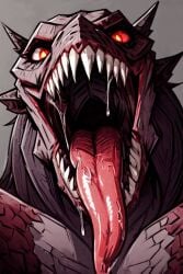 ai_generated dragon female glowing_eyes imminent_vore long_tongue looking_at_viewer open_mouth red_eyes saliva saliva_drip saliva_string scales sharp_teeth simple_background teron_games tongue tongue_out vore