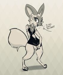 anthro bottomless bottomless_female clothed clothing clothing_pull digitigrade dress english_text fangs female generation_9_pokemon hi_res looking_at_viewer monochrome naircat nintendo pokemon pokemon_(species) smile solo sprigatito standing tail teeth text