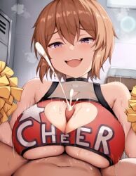 1boy 1girls absurd_res breasts brown_hair character_request cheerleader cheerleader_uniform cleavage copyright_request cum cumshot ejaculation female female_focus hi_res indoors light_skin locker_room open_mouth open_mouth_smile paizuri paizuri_on_lap paizuri_under_clothes penis pom_poms purple_eyes renetan short_hair uncensored